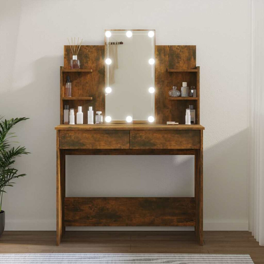 vidaXL Kaptafel met LED-verlichting 96x40x142 cm gerookt eikenkleur vidaXL Kaptafel met LED-verlichting 96x40x142 cm gerookt eikenkleur afbeelding 1