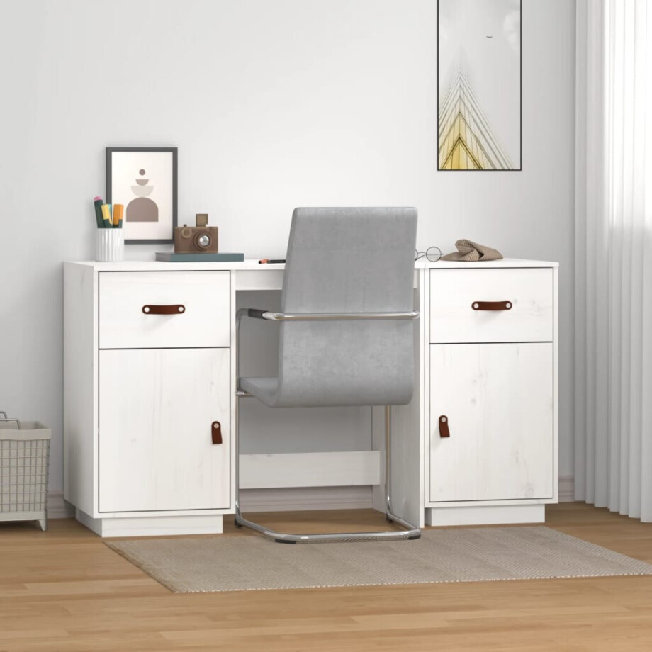 vidaXL Bureau met kastjes 135x50x75 cm massief grenenhout wit afbeelding 1