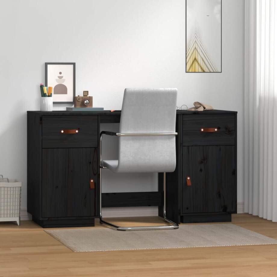 vidaXL Bureau met kastjes 135x50x75 cm massief grenenhout zwart afbeelding 1