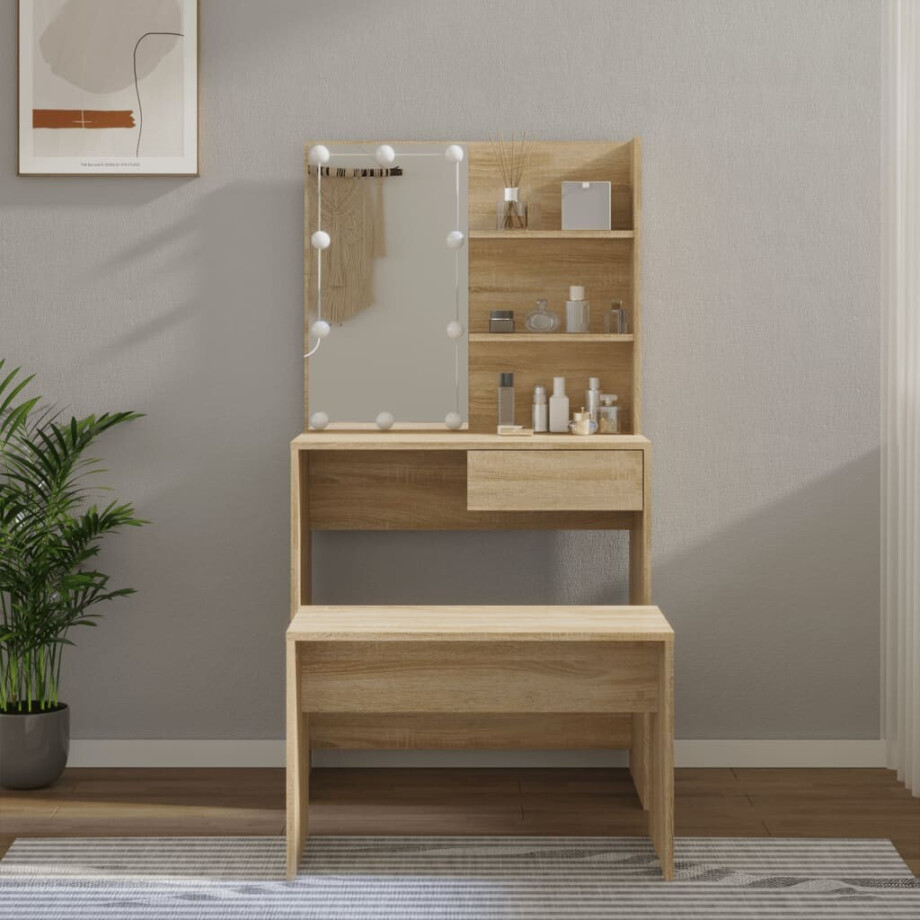 vidaXL Kaptafelset met LED's bewerkt hout sonoma eikenkleurig afbeelding 1