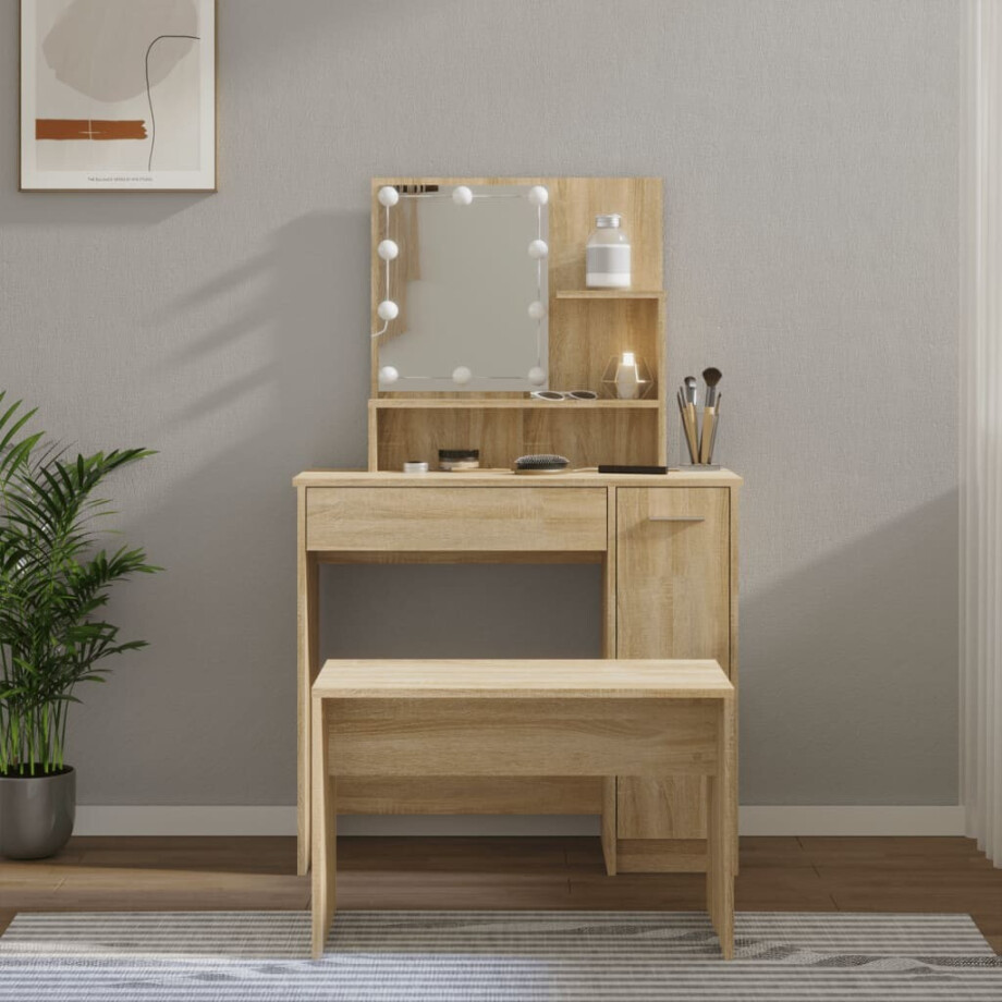vidaXL Kaptafelset met LED's bewerkt hout sonoma eikenkleurig afbeelding 1