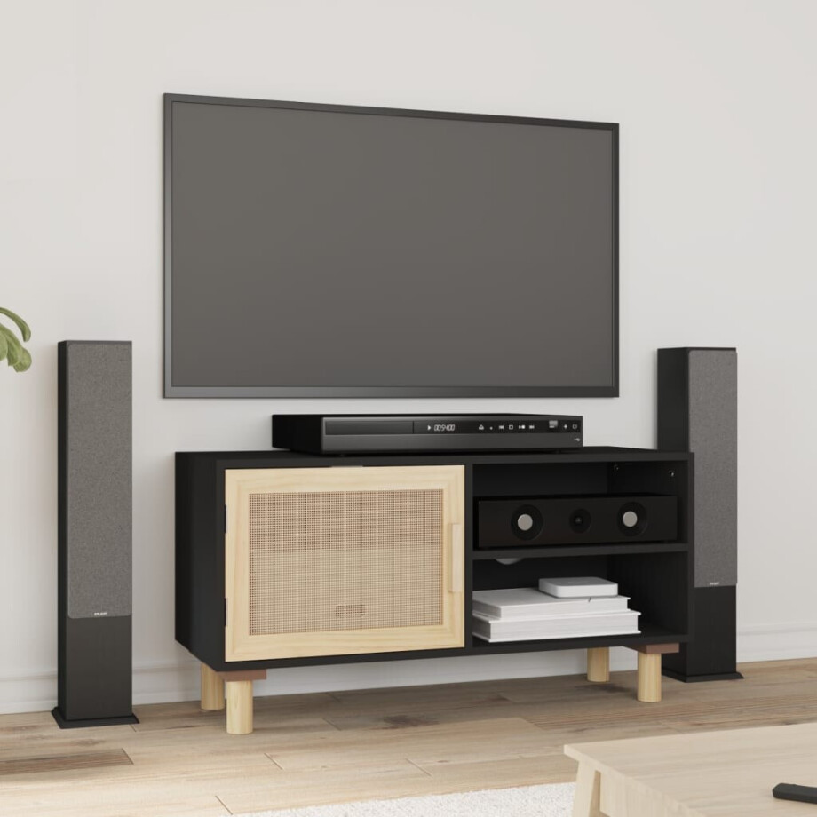 vidaXL Tv-meubel 80x30x40 cm massief grenenhout en rattan zwart afbeelding 1