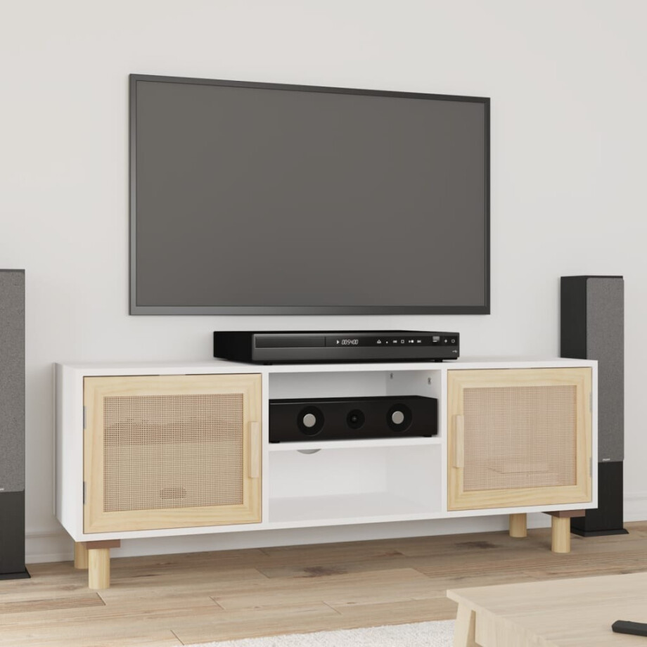 vidaXL Tv-meubel 105x30x40 cm massief grenenhout en rattan wit afbeelding 1