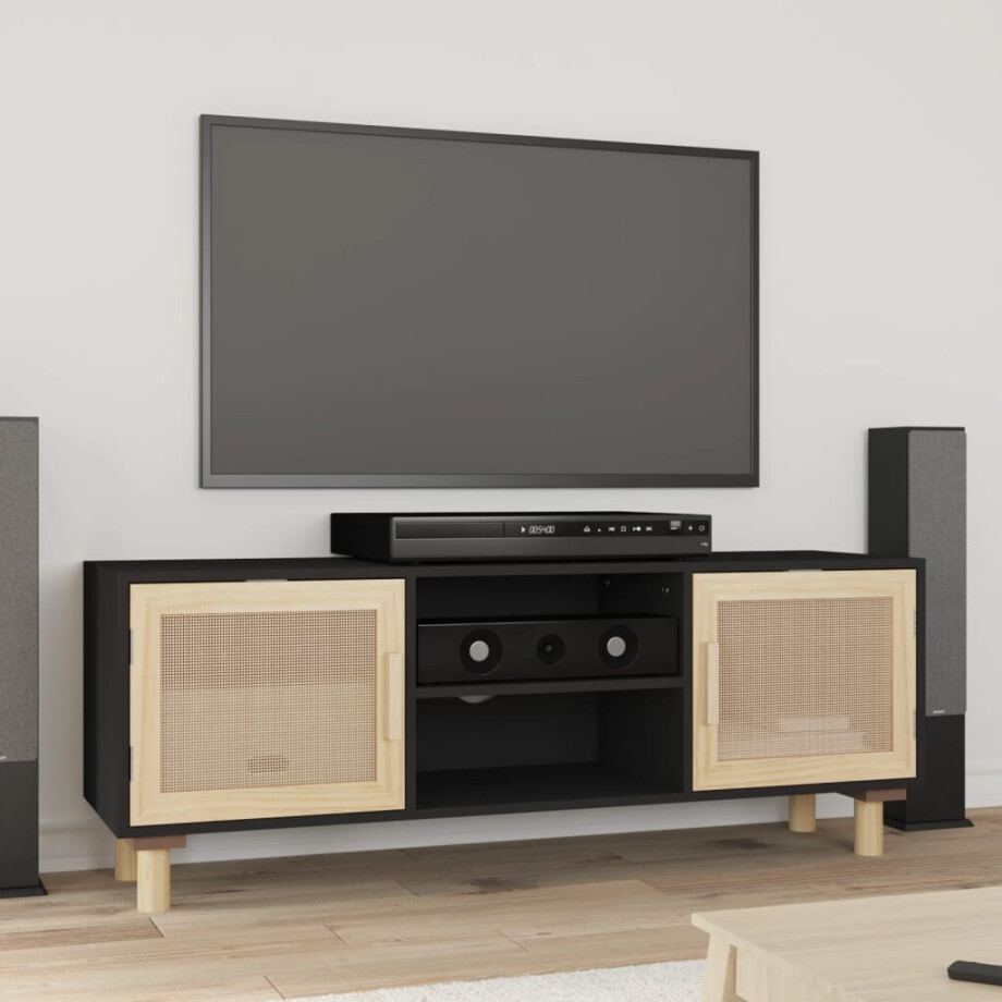 vidaXL Tv-meubel 105x30x40 cm massief grenenhout en rattan zwart afbeelding 1