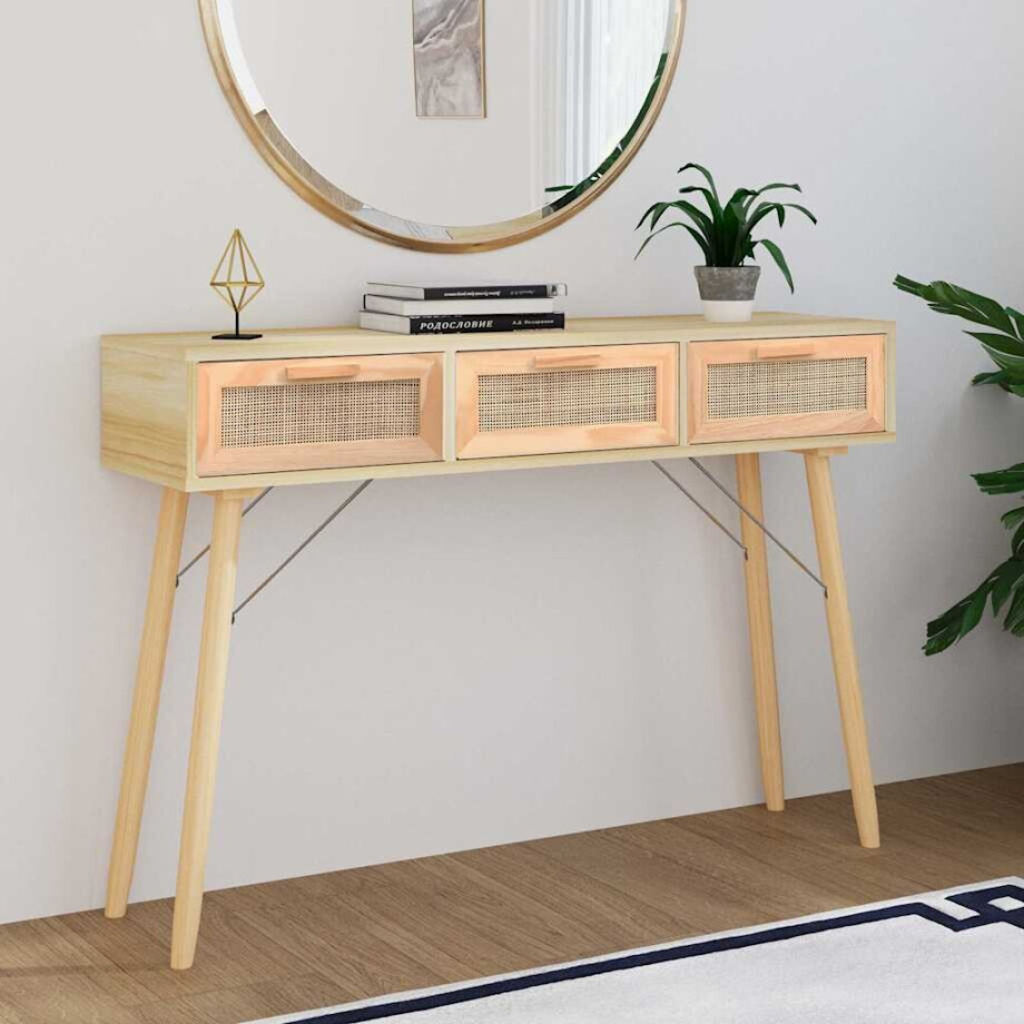 vidaXL Wandtafel 105x30x75 cm massief grenenhout en natuurlijk rattan afbeelding 1
