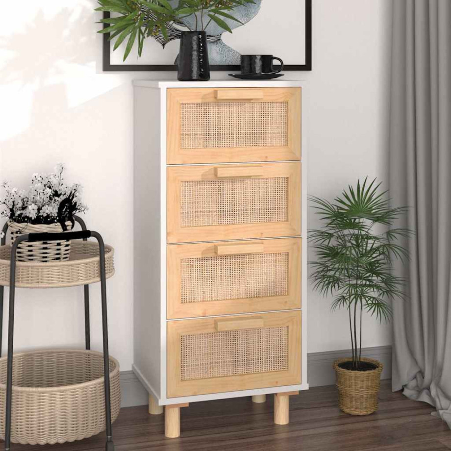 vidaXL Dressoir 40x30x90 cm massief grenenhout en rattan wit afbeelding 1