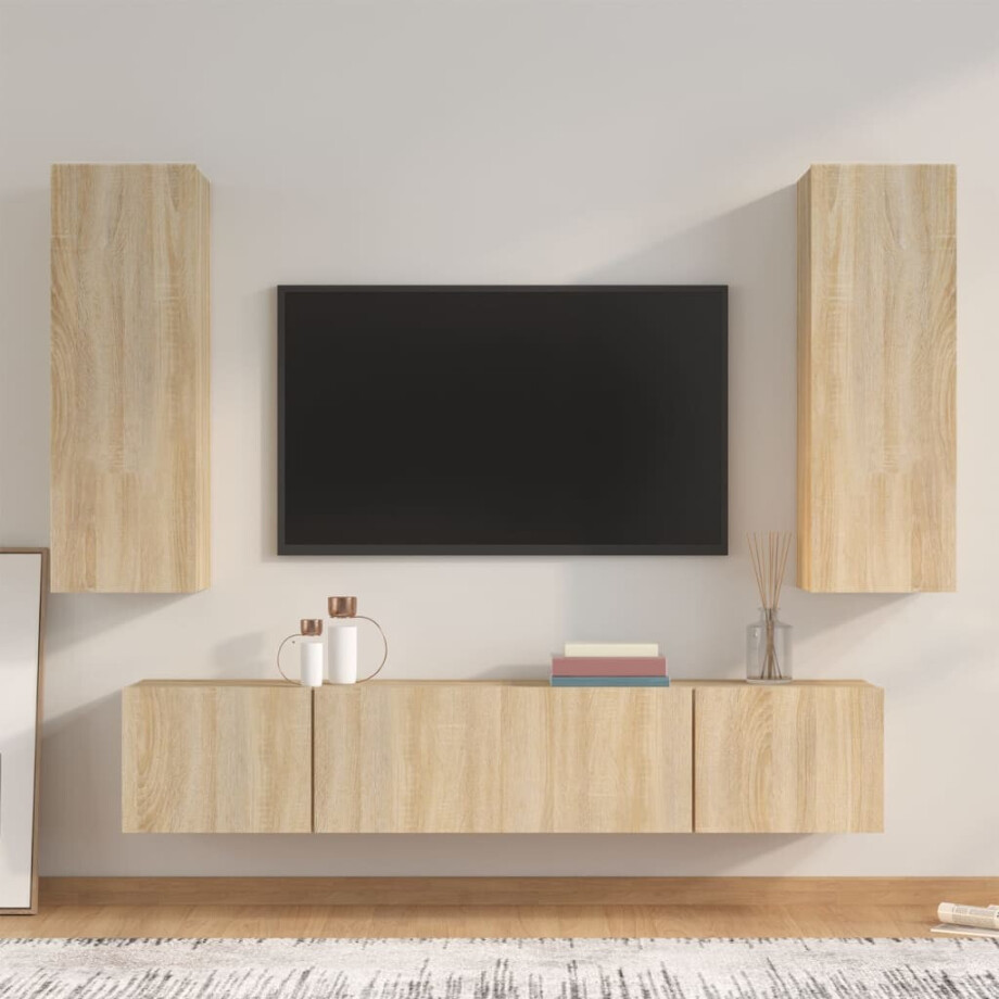 vidaXL 4-delige Tv-meubelset bewerkt hout sonoma eikenkleurig vidaXL 4-delige Tv-meubelset bewerkt hout sonoma eikenkleurig afbeelding 1