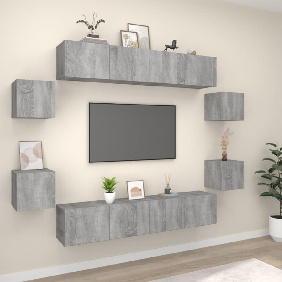 vidaXL 8-delige Tv-meubelset bewerkt hout grijs sonoma eikenkleurig vidaXL 8-delige Tv-meubelset bewerkt hout grijs sonoma eikenkleurig afbeelding 1