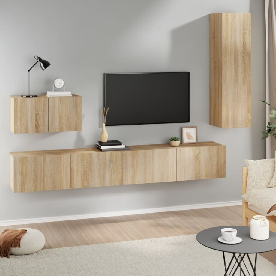 vidaXL 4-delige Tv-meubelset bewerkt hout sonoma eikenkleurig vidaXL 4-delige Tv-meubelset bewerkt hout sonoma eikenkleurig afbeelding 1