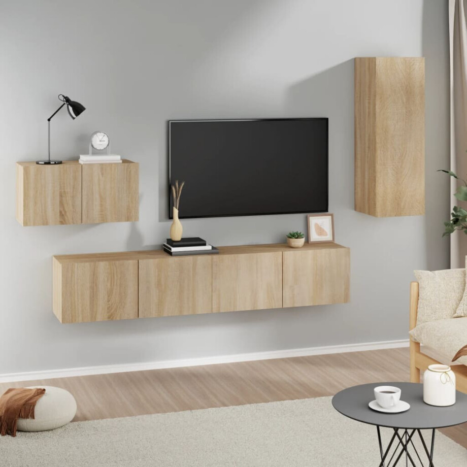 vidaXL 4-delige Tv-meubelset bewerkt hout sonoma eikenkleurig vidaXL 4-delige Tv-meubelset bewerkt hout sonoma eikenkleurig afbeelding 1