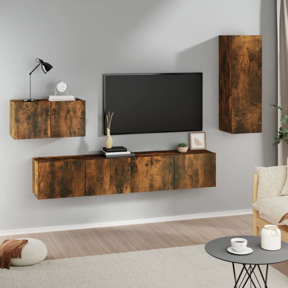vidaXL 4-delige Tv-meubelset bewerkt hout gerookt eikenkleurig vidaXL 4-delige Tv-meubelset bewerkt hout gerookt eikenkleurig afbeelding 1