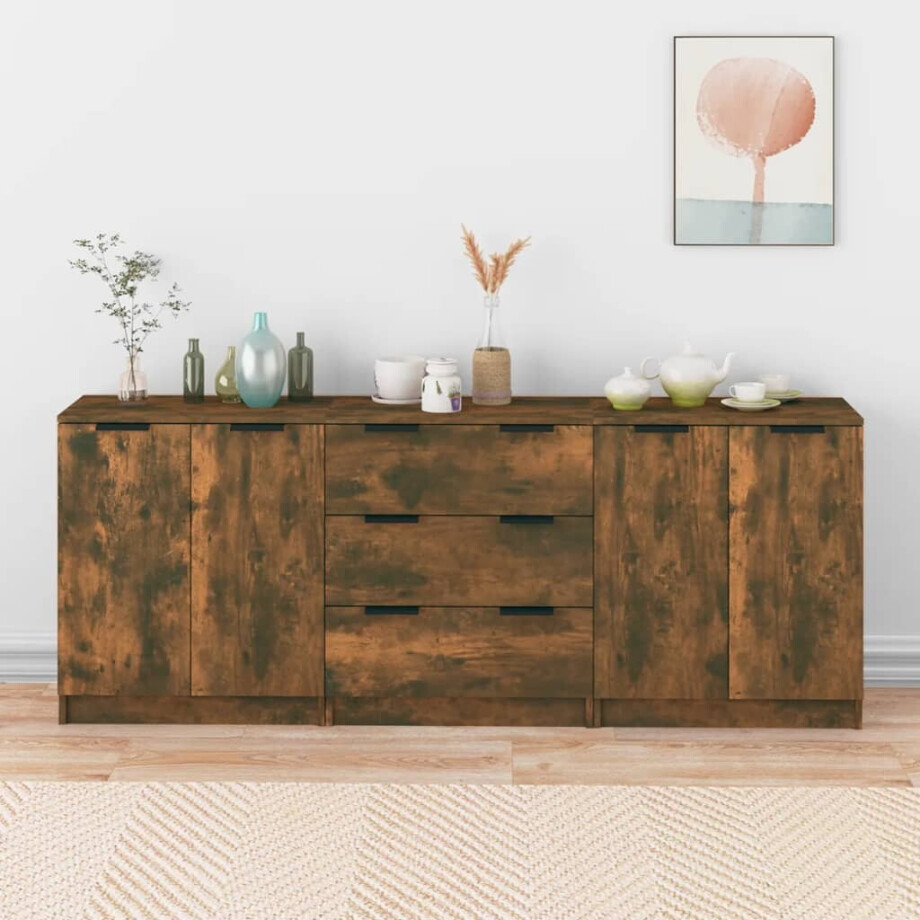 vidaXL 3-delige Dressoirs bewerkt hout gerookt eiken afbeelding 1