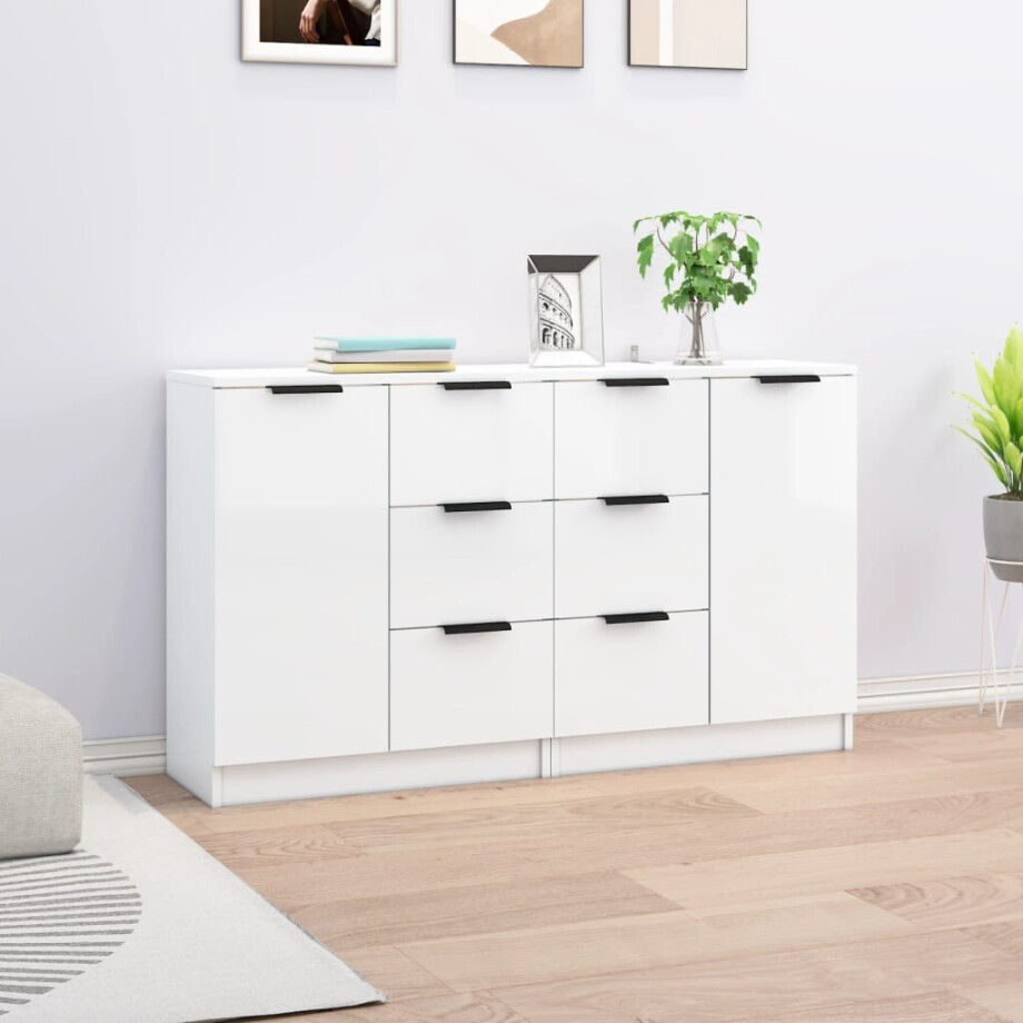 vidaXL Dressoirs 2 st 60x30x70 cm bewerkt hout hoogglans wit afbeelding 1