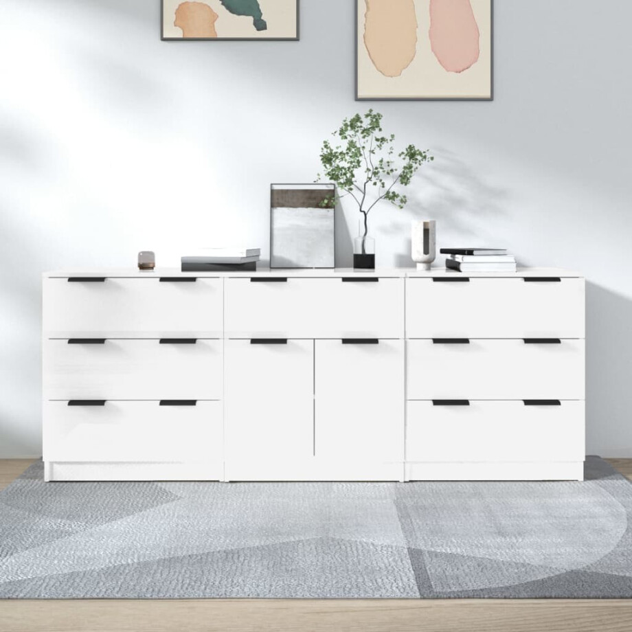 vidaXL 3-delige Dressoirs bewerkt hout hoogglans wit afbeelding 1