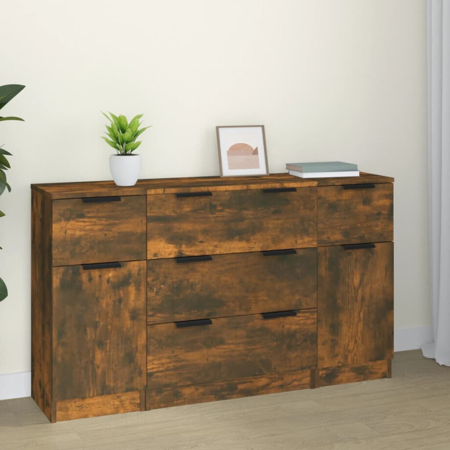 vidaXL 3-delige Dressoirset bewerkt hout gerookt eiken vidaXL 3-delige Dressoirset bewerkt hout gerookt eiken afbeelding 1