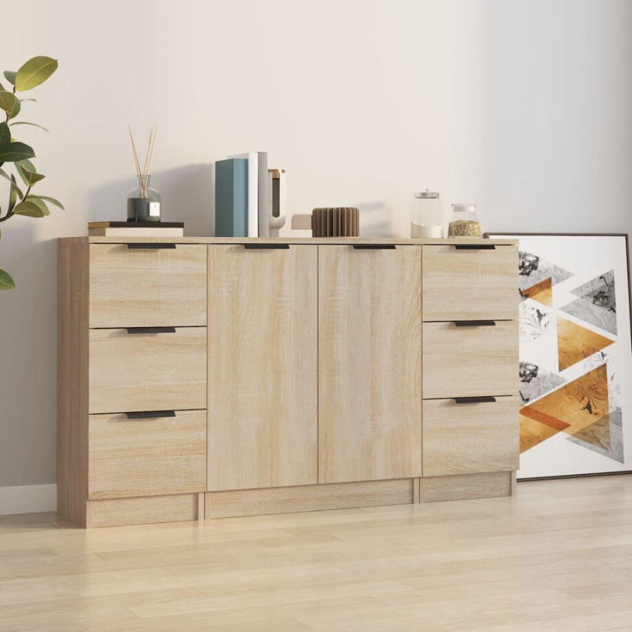 vidaXL Dressoirs 3 st bewerkt hout sonoma eiken vidaXL Dressoirs 3 st bewerkt hout sonoma eiken afbeelding 1