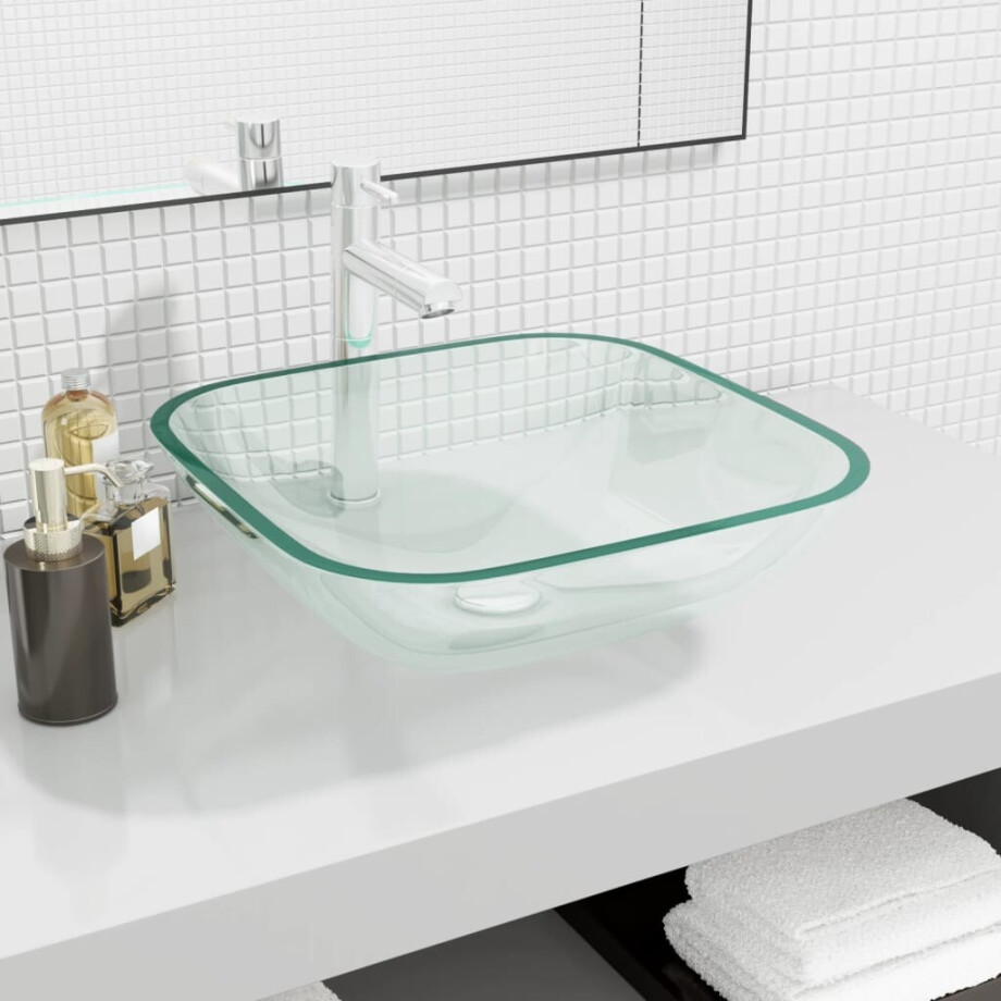 vidaXL Wasbak 42x42x14 cm glas transparant afbeelding 1