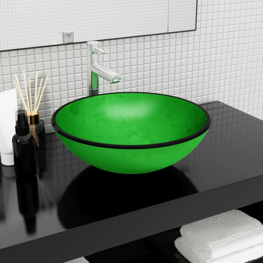 vidaXL Wasbak 42x14 cm gehard glas groen vidaXL Wasbak 42x14 cm gehard glas groen afbeelding 1