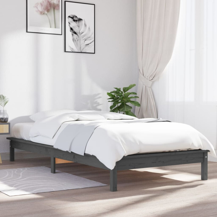 vidaXL Bedframe massief grenenhout grijs 100x200 cm afbeelding 1