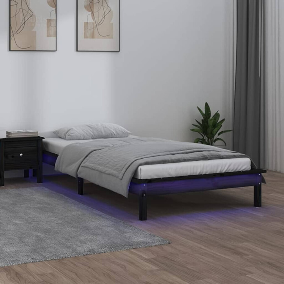 vidaXL Bedframe LED massief hout zwart 100x200 cm afbeelding 1