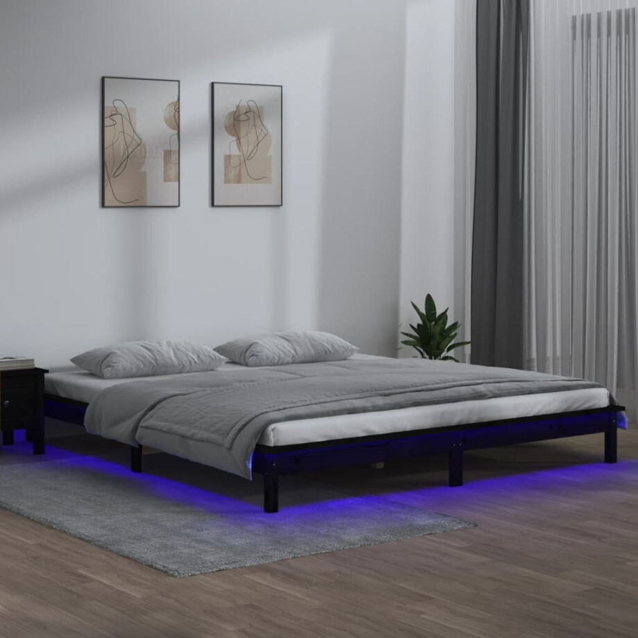 vidaXL Bedframe LED massief hout zwart 160x200 cm afbeelding 1