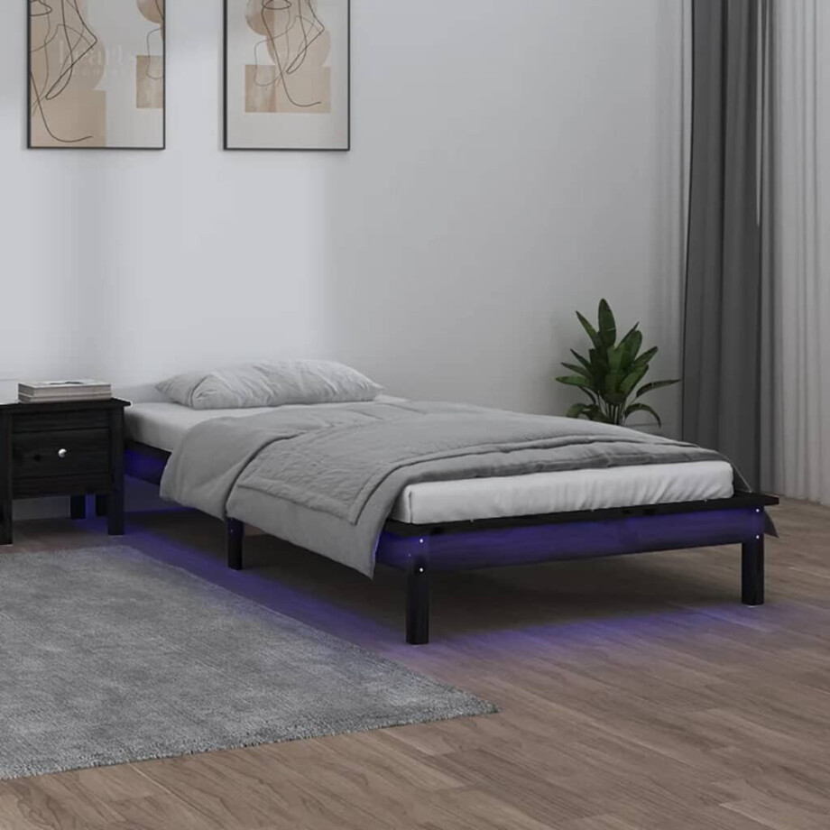 vidaXL Bedframe LED massief hout zwart 90x190 cm afbeelding 1
