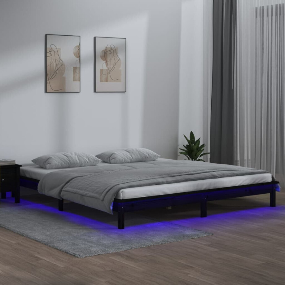 vidaXL Bedframe LED massief hout zwart 120x190 cm afbeelding 1