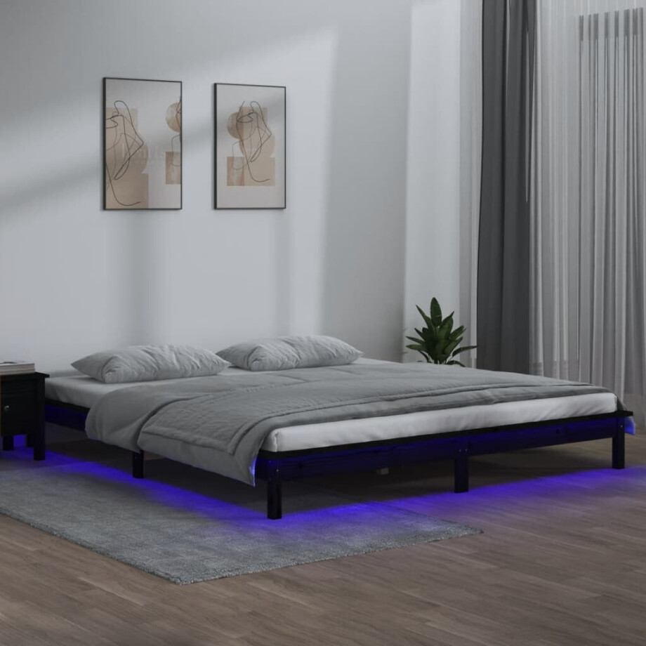 vidaXL Bedframe LED massief hout zwart 140x190 cm afbeelding 1
