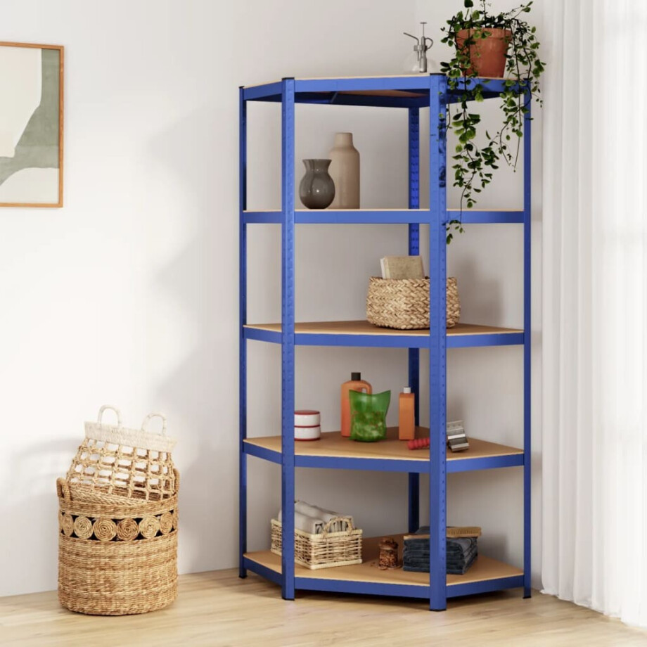 vidaXL Hoekrek 5-laags staal en bewerkt hout blauw afbeelding 1