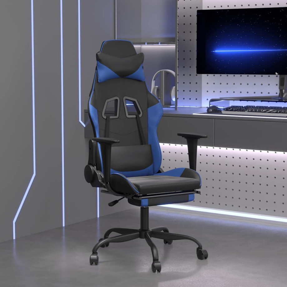 vidaXL Massage gamestoel met voetensteun kunstleer zwart en blauw afbeelding 1