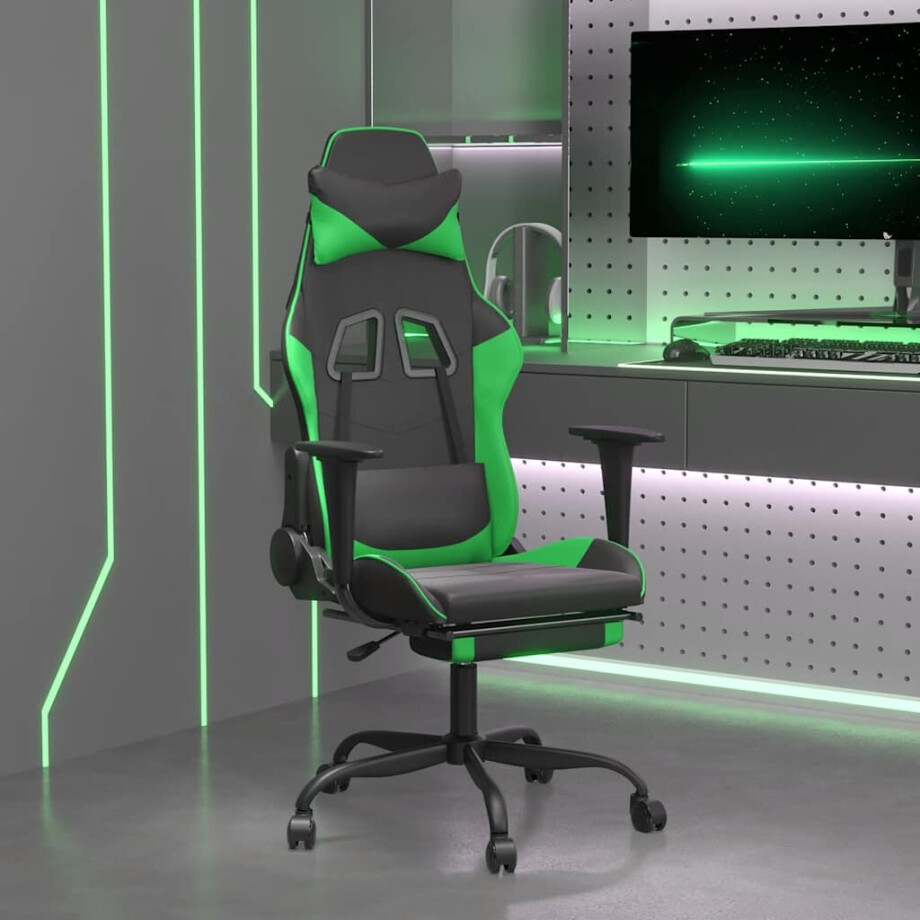vidaXL Massage gamestoel met voetensteun kunstleer zwart en groen afbeelding 1
