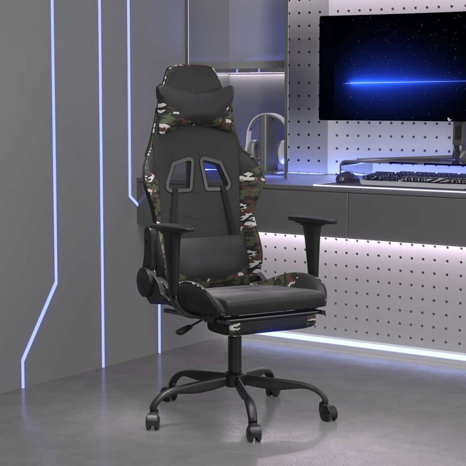 vidaXL Massage gamestoel met voetensteun kunstleer zwart & camouflage afbeelding 1