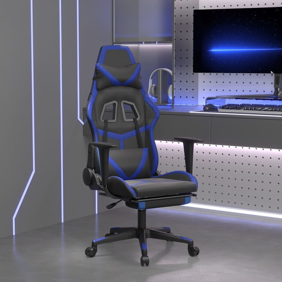 vidaXL Massage gamestoel met voetensteun kunstleer zwart en blauw afbeelding 1