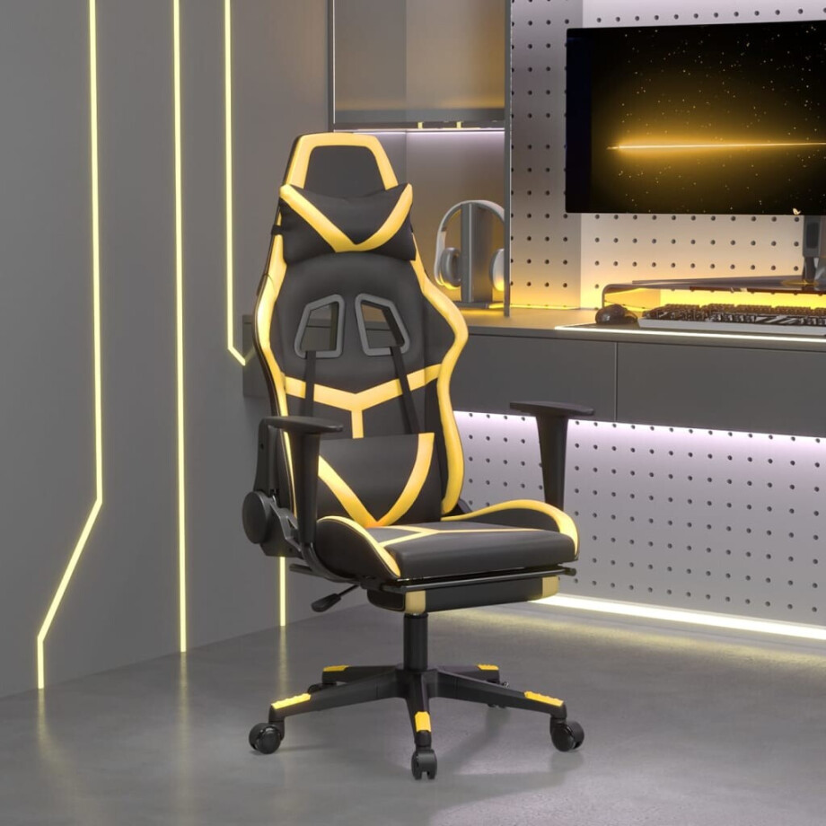 vidaXL Massage gamestoel met voetensteun kunstleer zwart & goudkleurig afbeelding 1