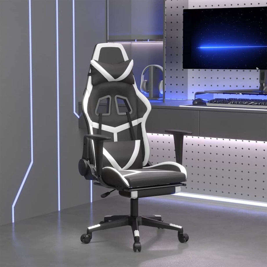 vidaXL Massage gamestoel met voetensteun kunstleer zwart en wit afbeelding 1