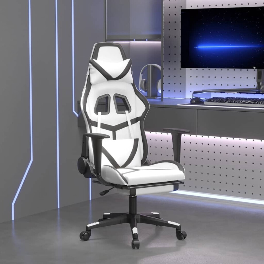 vidaXL Massage gamestoel met voetensteun kunstleer wit en zwart afbeelding 1