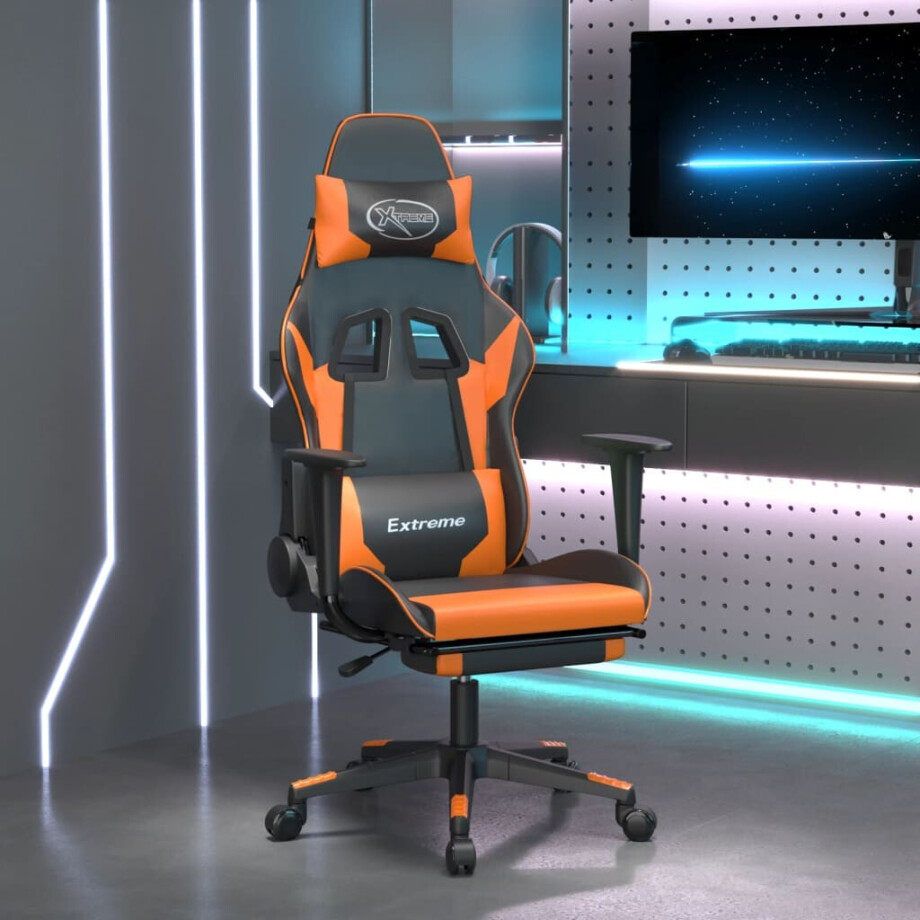 vidaXL Massage gamestoel met voetensteun kunstleer zwart en oranje afbeelding 1
