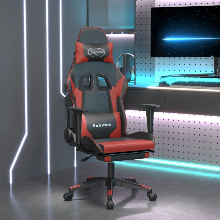 vidaXL Massage gamestoel met voetensteun kunstleer zwart en wijnrood afbeelding 1