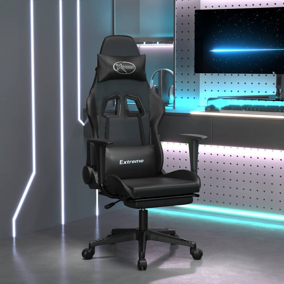 vidaXL Massage gamestoel met voetensteun kunstleer zwart afbeelding 1