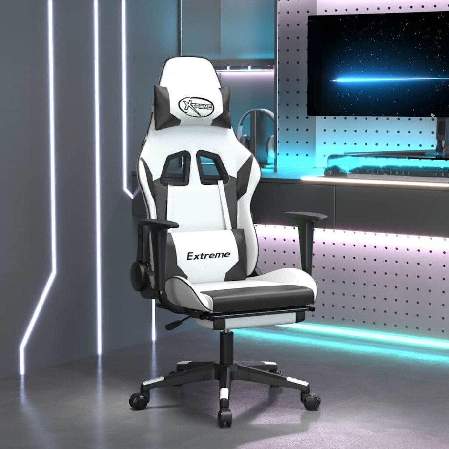 vidaXL Massage gamestoel met voetensteun kunstleer wit en zwart afbeelding 1