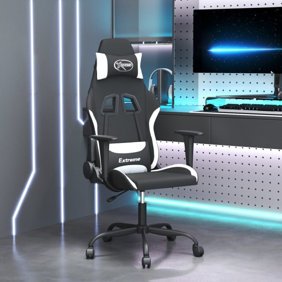 vidaXL Massage gamestoel stof zwart en wit afbeelding 1