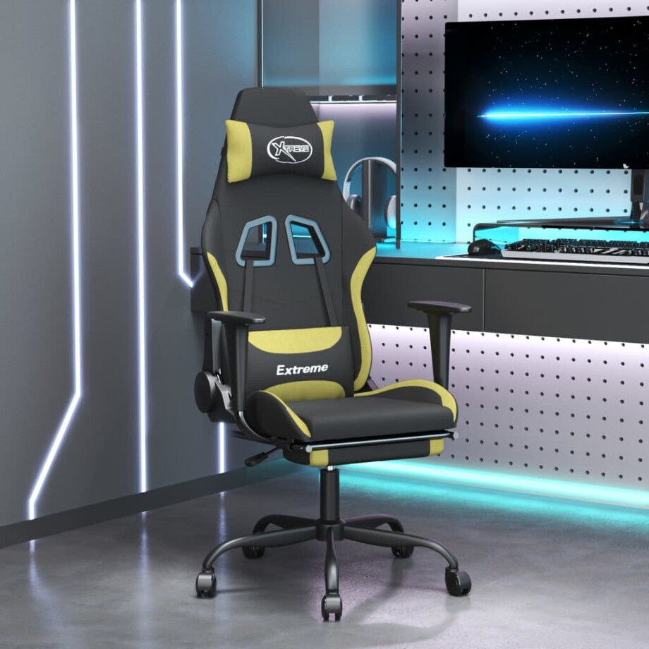 vidaXL Massage gamestoel met voetensteun stof zwart en lichtgroen afbeelding 1