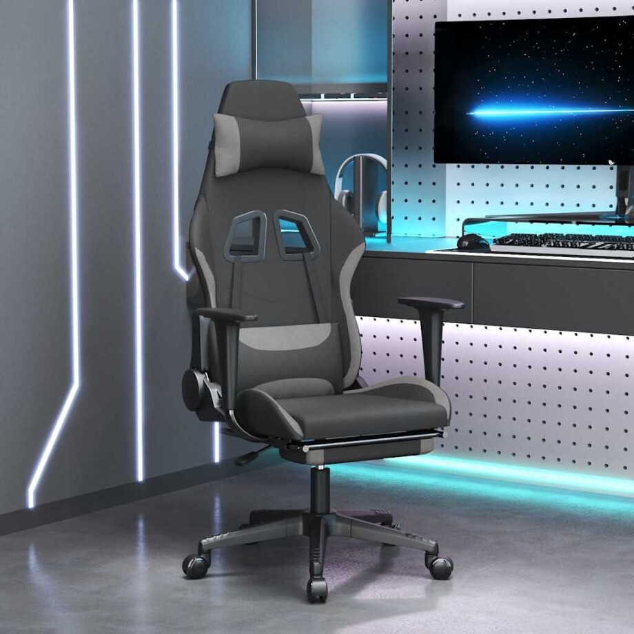 vidaXL Massage gamestoel met voetensteun stof zwart en lichtgrijs vidaXL Massage gamestoel met voetensteun stof zwart en lichtgrijs afbeelding 1