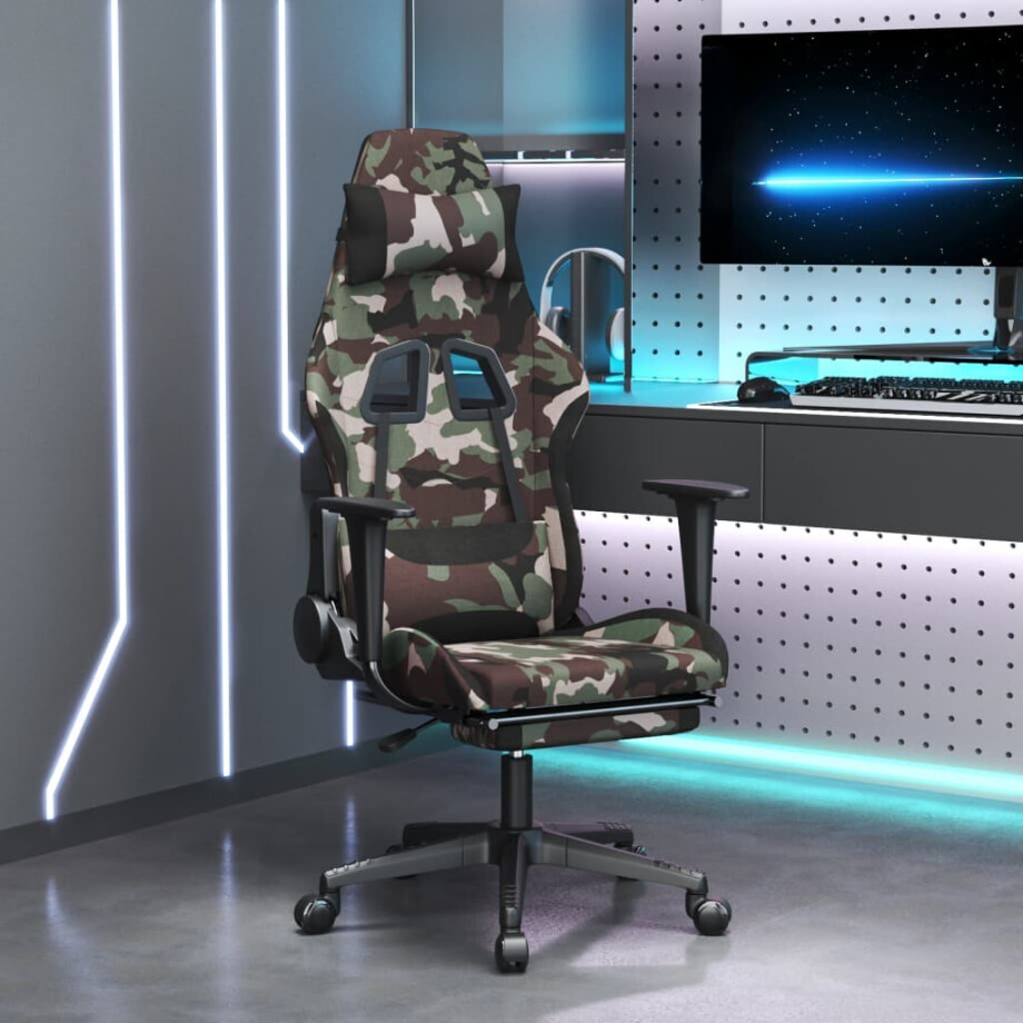 vidaXL Massage gamestoel met voetensteun stof zwart en camouflage vidaXL Massage gamestoel met voetensteun stof zwart en camouflage afbeelding 1