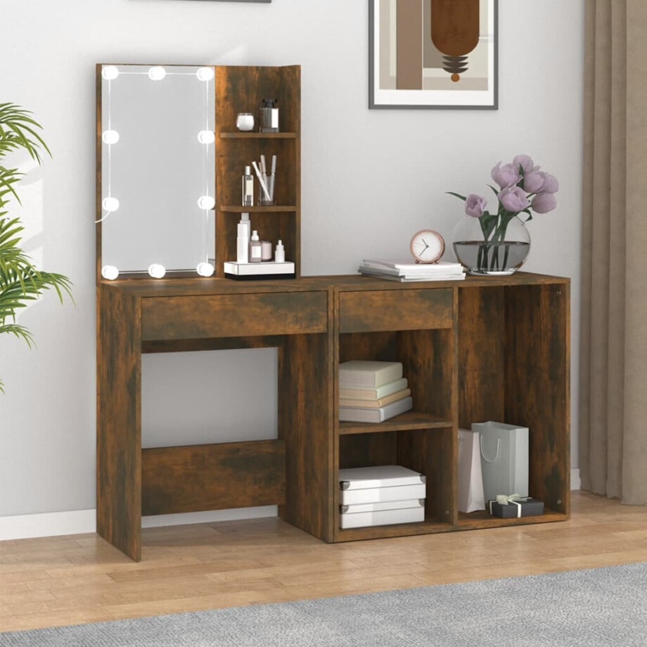 vidaXL Kaptafel met kastje bewerkt hout gerookt eikenkleurig vidaXL Kaptafel met kastje bewerkt hout gerookt eikenkleurig afbeelding 1