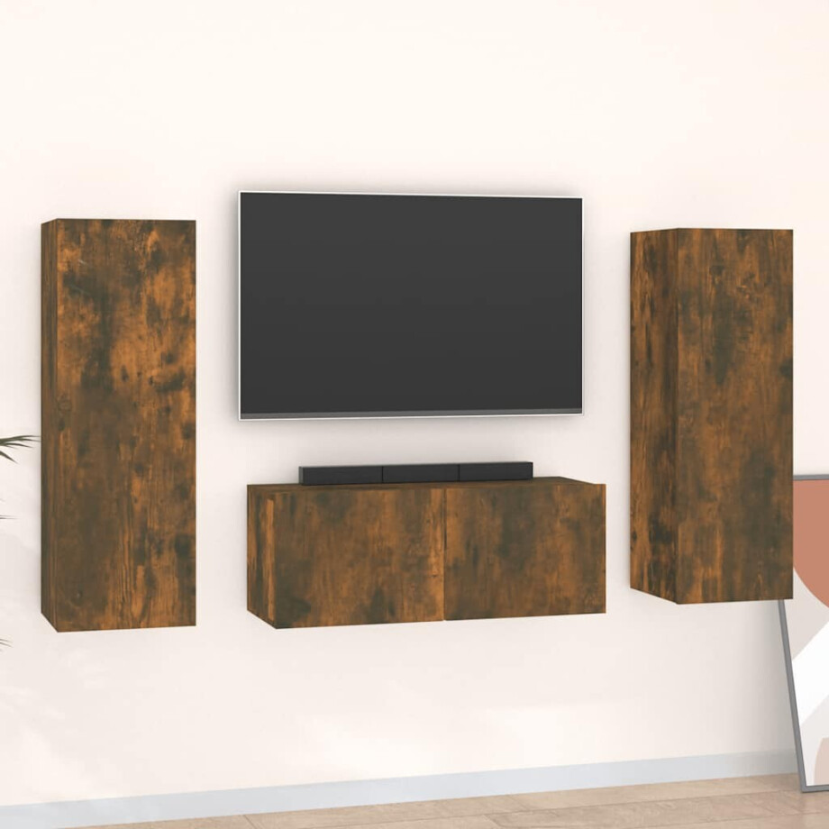 vidaXL 3-delige Tv-meubelset bewerkt hout gerookt eikenkleurig afbeelding 1