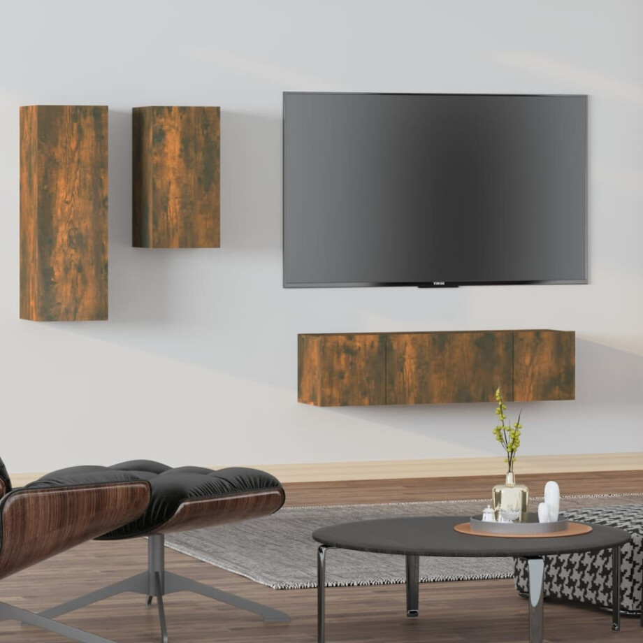 vidaXL 4-delige Tv-meubelset bewerkt hout gerookt eikenkleurig vidaXL 4-delige Tv-meubelset bewerkt hout gerookt eikenkleurig afbeelding 1