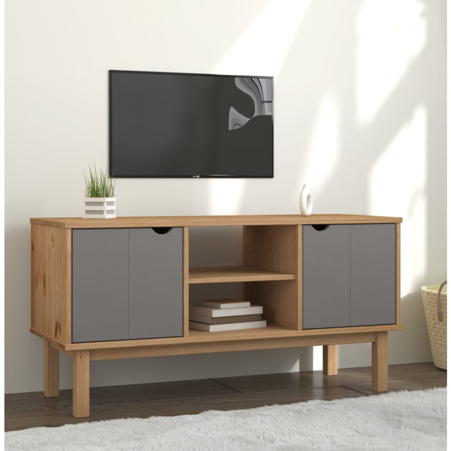 vidaXL Tv-meubel OTTA 113,5x43x57 cm massief grenenhout bruin en grijs afbeelding 1