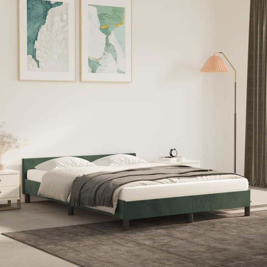 vidaXL Bedframe zonder matras 140x190 cm fluweel donkergroen afbeelding 1