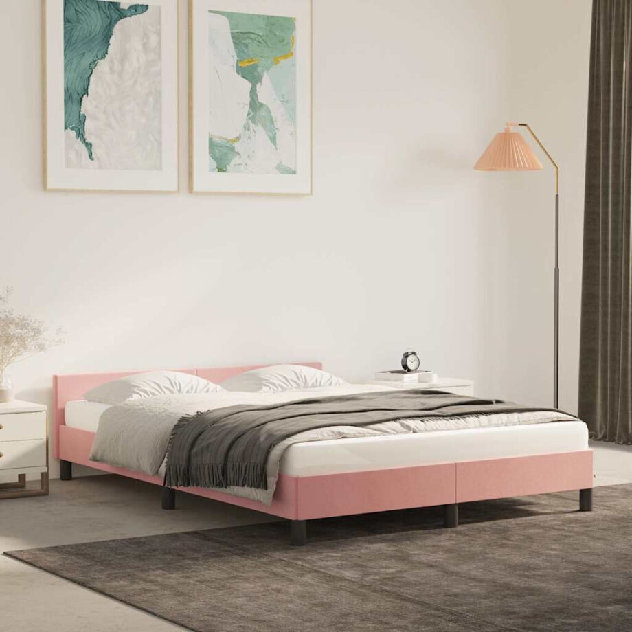 vidaXL Bedframe met hoofdeinde zonder matras 140x200 cm fluweel roze afbeelding 1